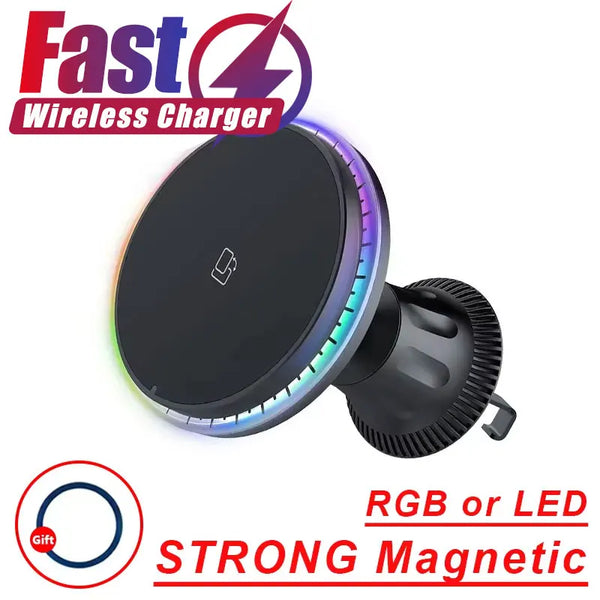 A black magnetic wireless car charger with purple and blue RGB lighting.