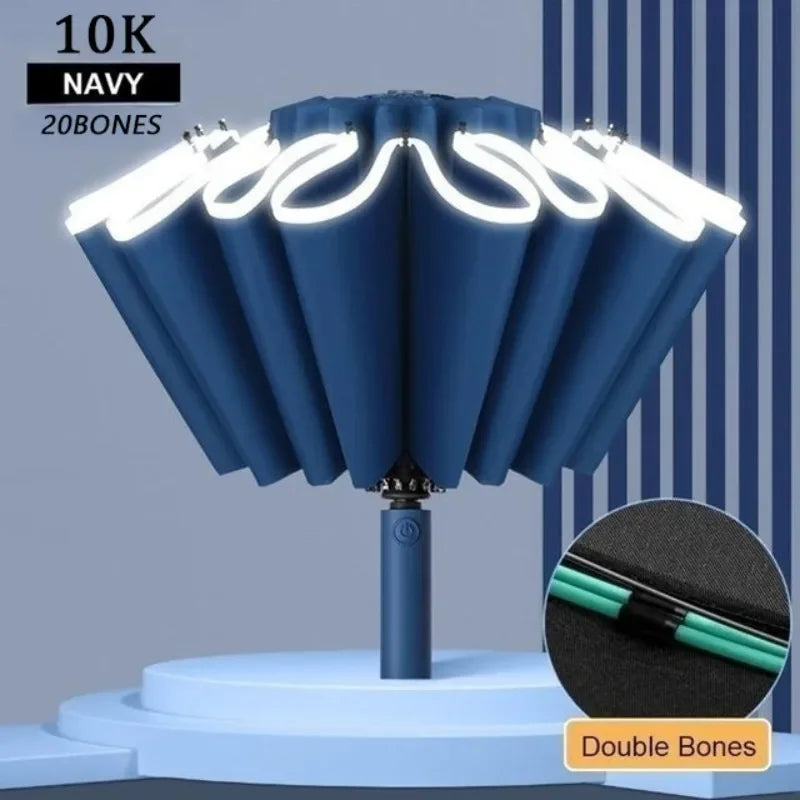 Navy 10K double bones umbrella with LED lights shown in a frontal view