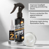 A bottle of headlight restoration polish and a cleaning disc are shown with text describing its benefits.