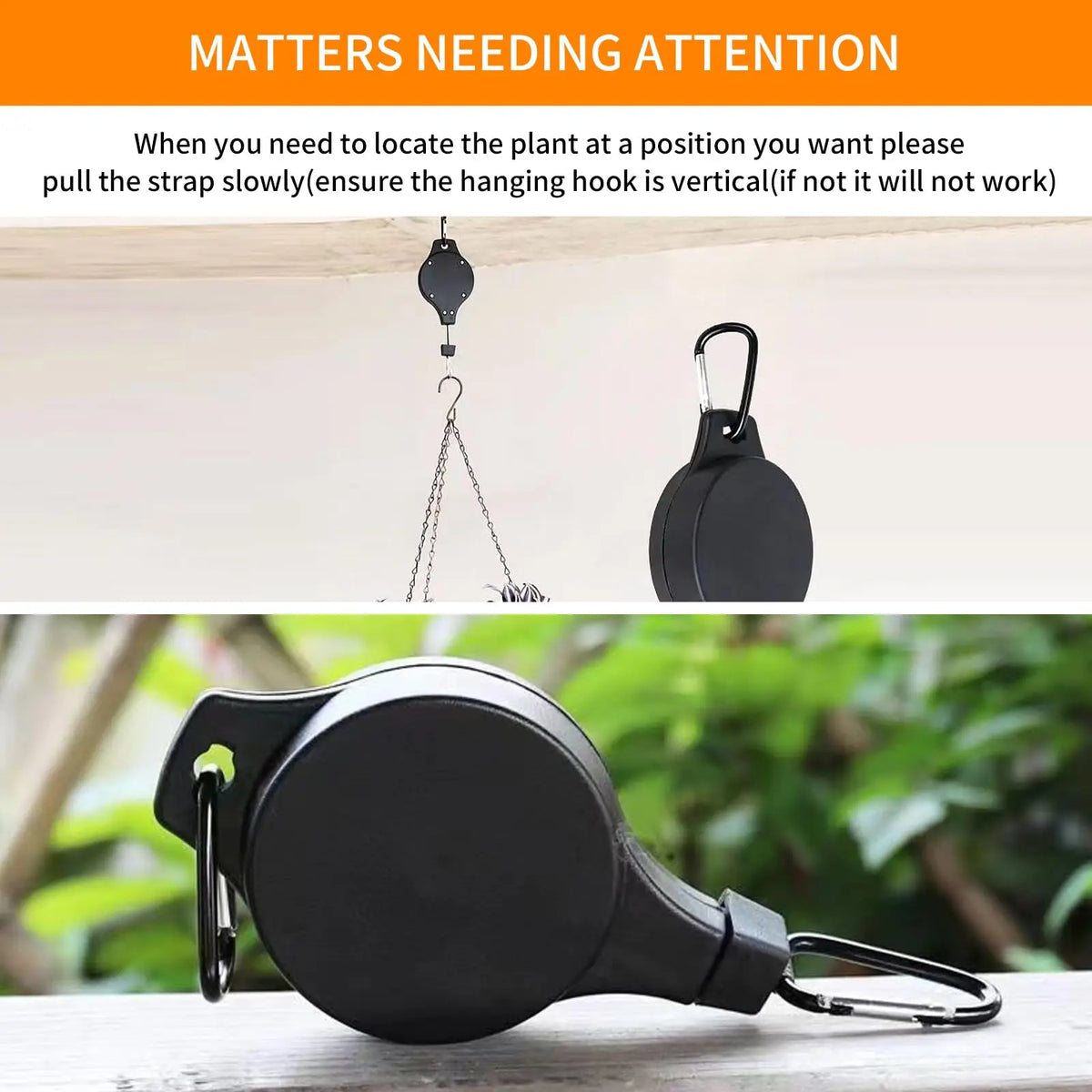 A black adjustable hanging plant pulley is shown against a light background.