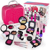 A pink kids pretend makeup kit with a carrying case and various cosmetic products is displayed.