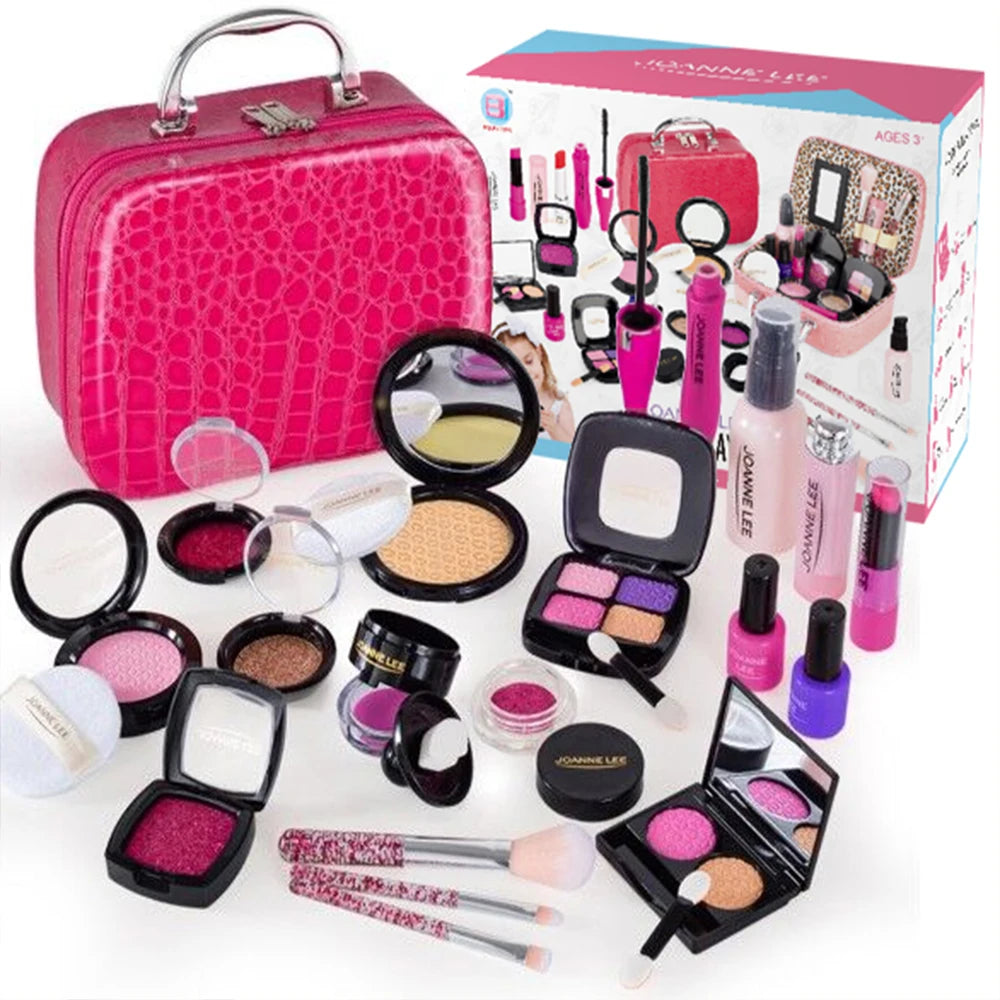 A pink kids pretend makeup kit with a carrying case and various cosmetic products is displayed.