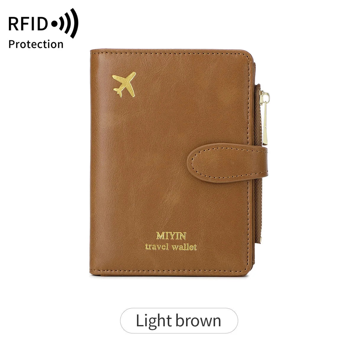 A light brown leather travel wallet featuring an airplane pattern and RFID protection.