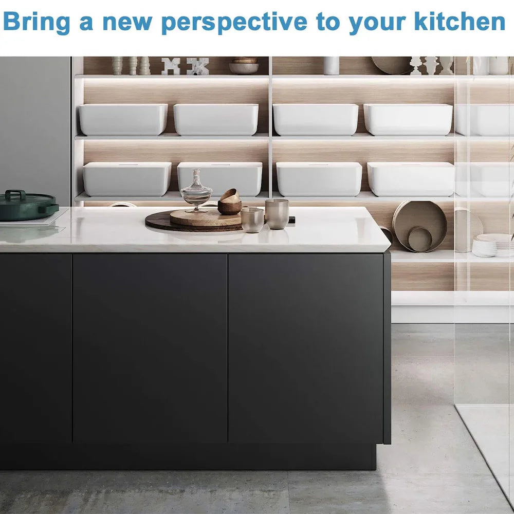 A kitchen cabinet with white ceramic dishes and a countertop, featuring self-adhesive matte white vinyl wallpaper.