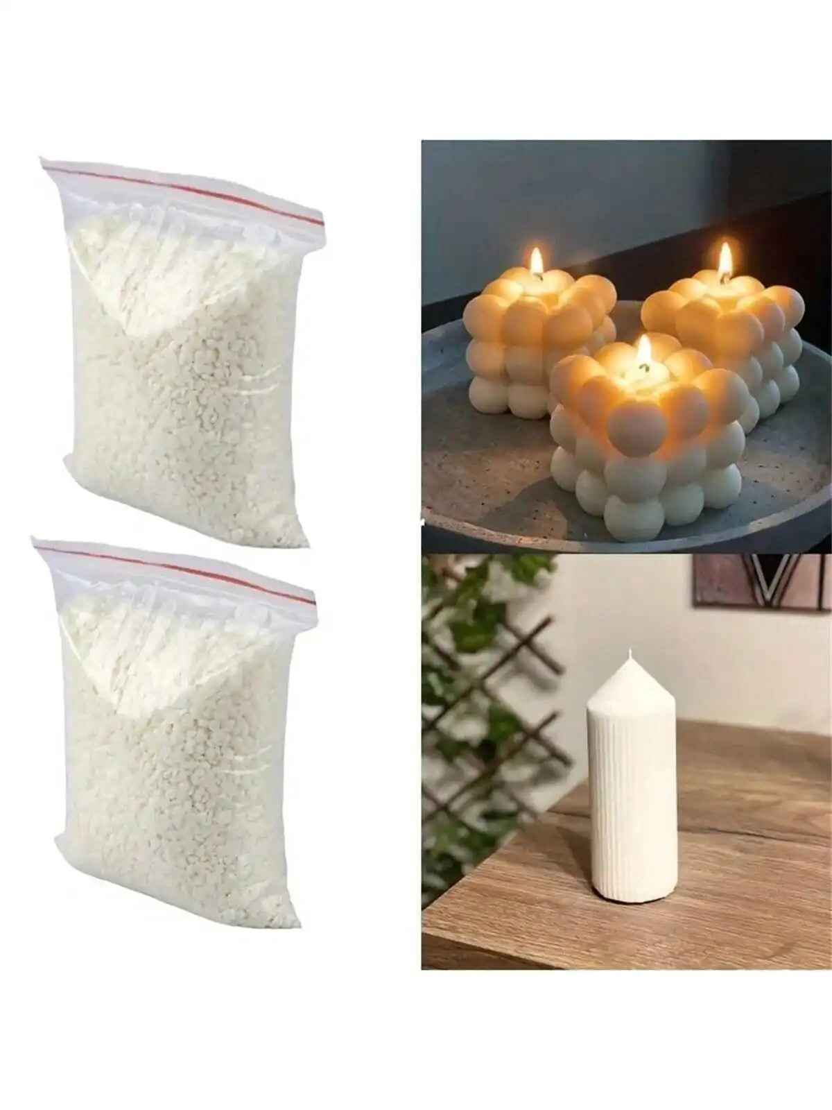 Two bags of white natural soy wax granules for DIY candle and skincare making next to lit candles.