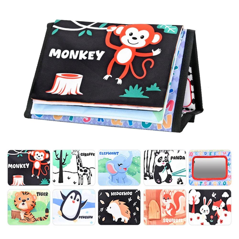 A black crinkle cloth book featuring various animal characters like a monkey, tiger, elephant, and panda, with a tummy time m