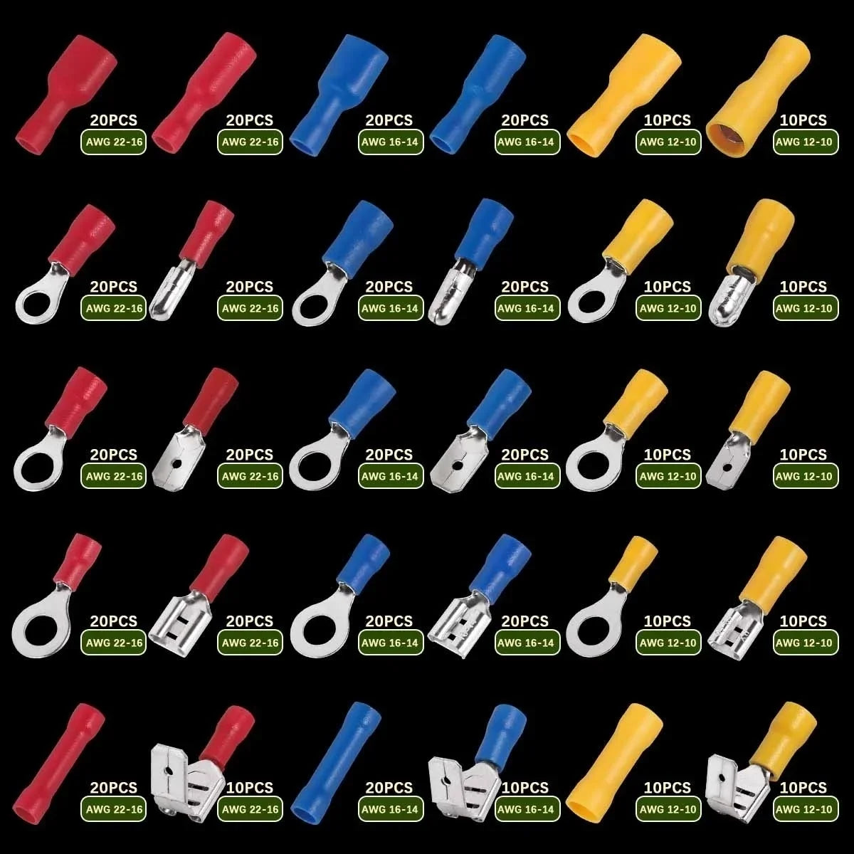 Assorted insulated wire crimp terminal kit showing various male and female connectors in red, blue, and yellow colors.