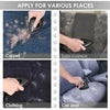 A black pet hair remover tool is shown being used on various surfaces including carpet, sofa cushions, clothing, and car seat