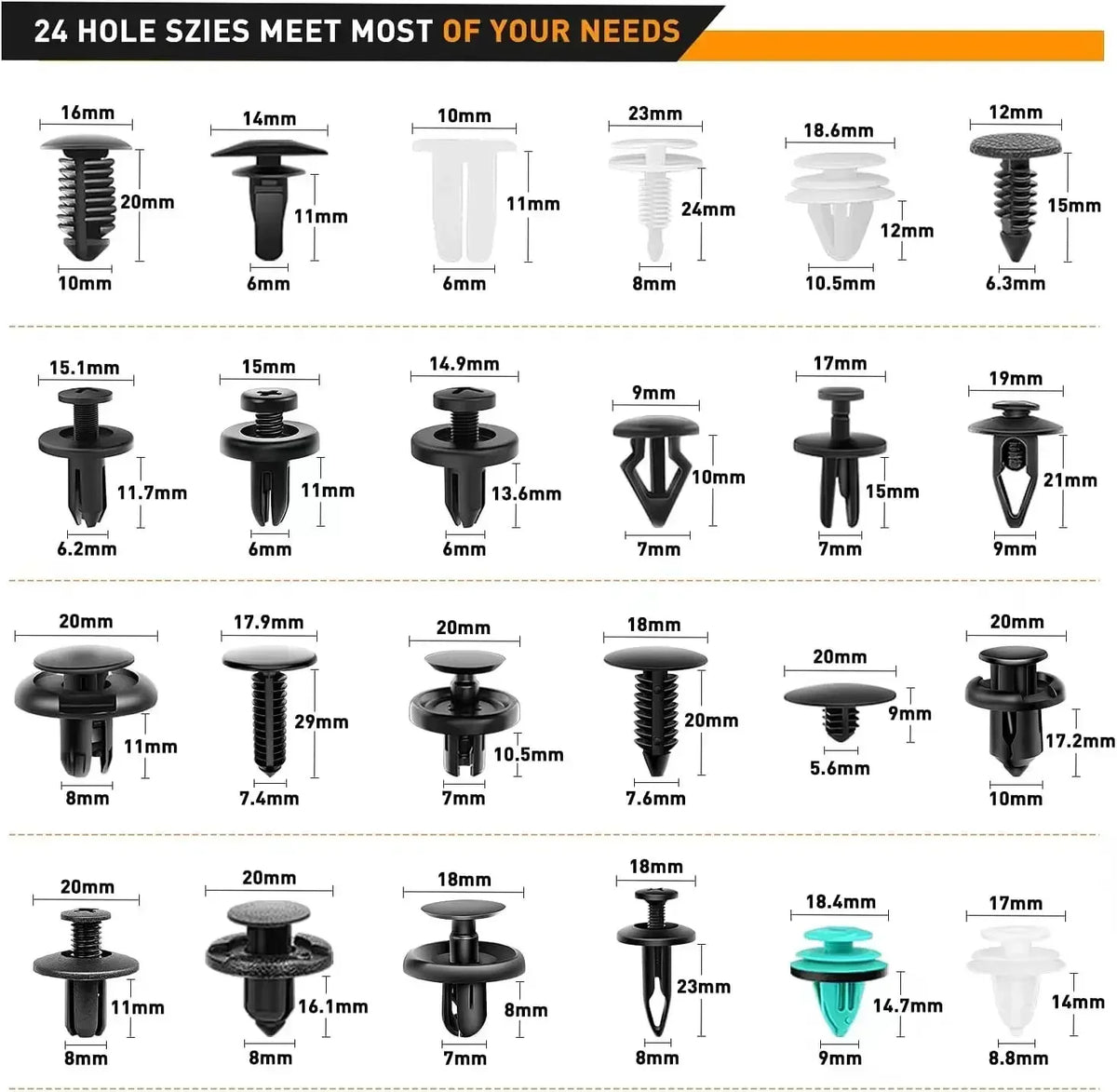 A collection of 24 hole sizes of plastic retainer clips for fasteners and trim.