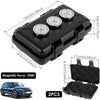 Black magnetic key hider box with two pieces shown next to a blue car.
