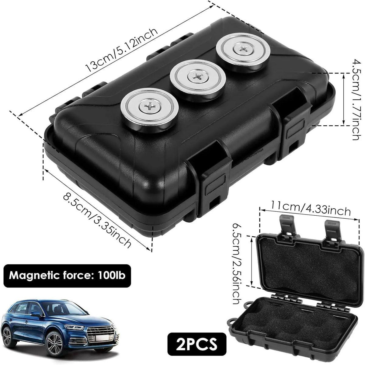 Black magnetic key hider box with two pieces shown next to a blue car.