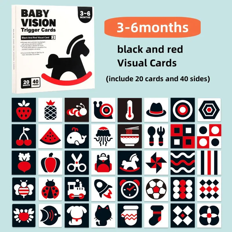 A set of black and white high-contrast baby visual cards for 3-6 months development.