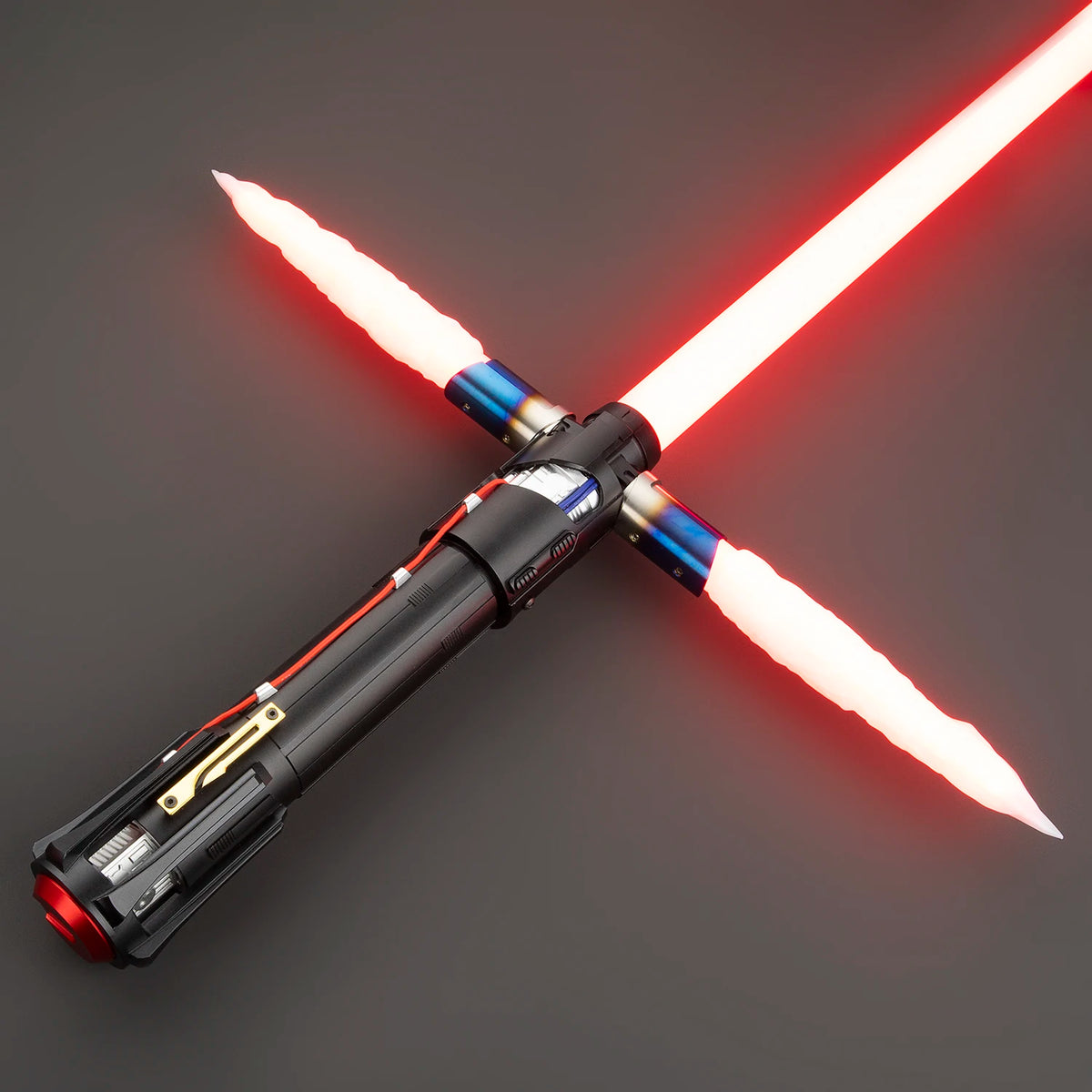 A black lightsaber with a red blade and blue hilt is shown crossed against a dark gray background.