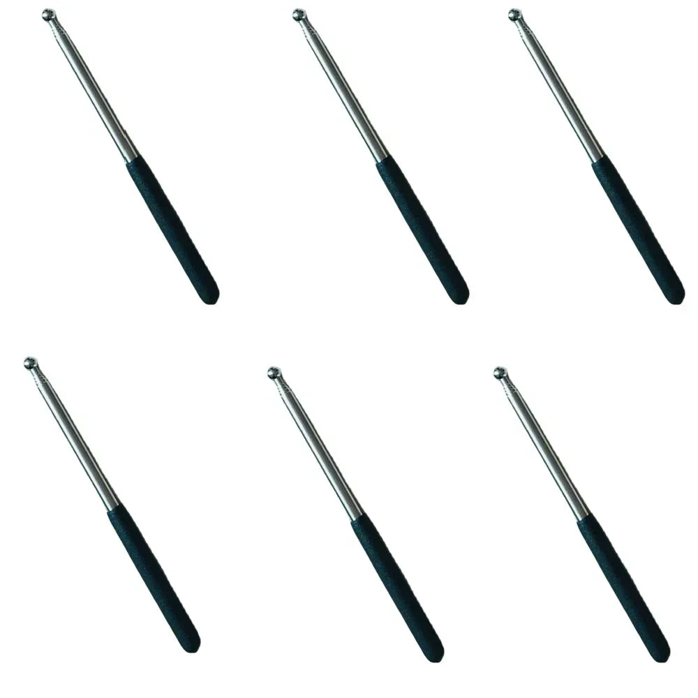 Four stainless steel telescopic teacher pointers with black grips shown at different angles.