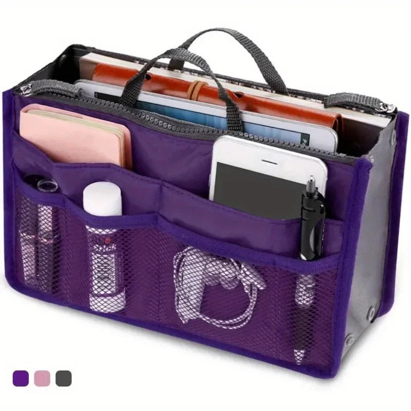 A purple foldable oxford cloth makeup organizer bag filled with various cosmetic and personal items.