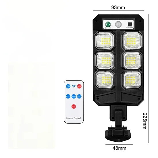 A black solar wall light fixture with four LED panels and a remote control, shown with dimensions.