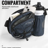 A navy blue double zipper compartment fanny pack is shown next to a white water bottle.