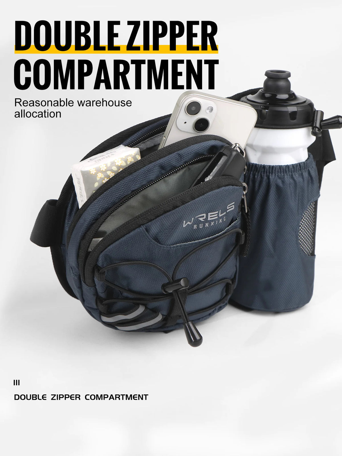 A navy blue double zipper compartment fanny pack is shown next to a white water bottle.
