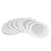 A collection of white mesh filters used as disposable shower drain hair catchers for sinks and floor drains.
