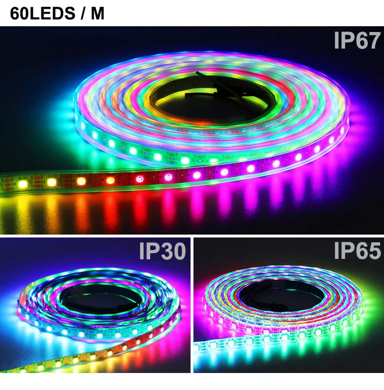 Various IP rated LED strips showing different light outputs and colors.