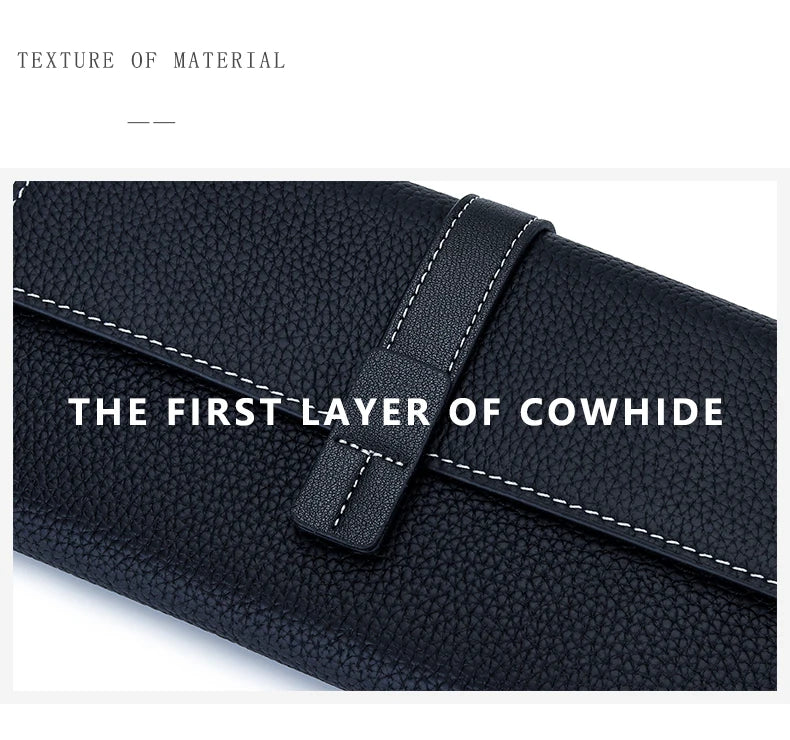 Close-up of the first layer of black cowhide leather used in a women's bifold wallet.