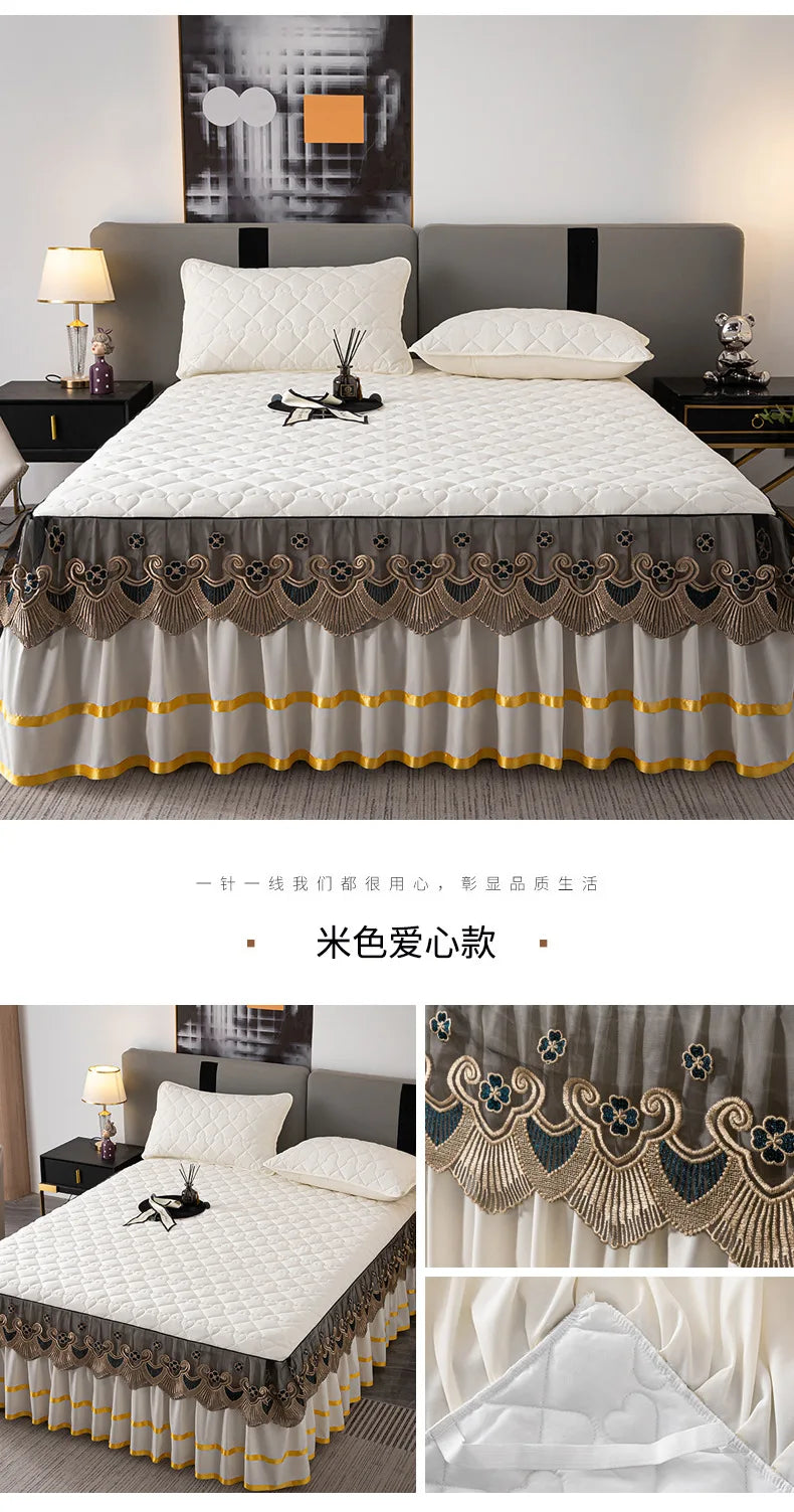 Gold Embroidered Lace Bed Skirt with Heart Pattern