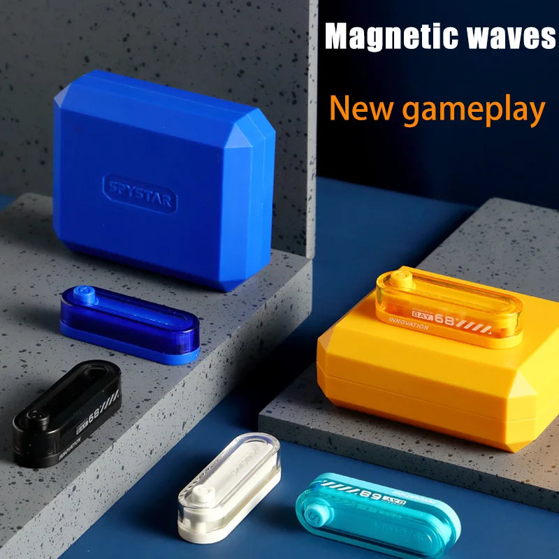 A collection of blue, yellow, and black metal fidget sliders demonstrating new gameplay with magnetic waves.