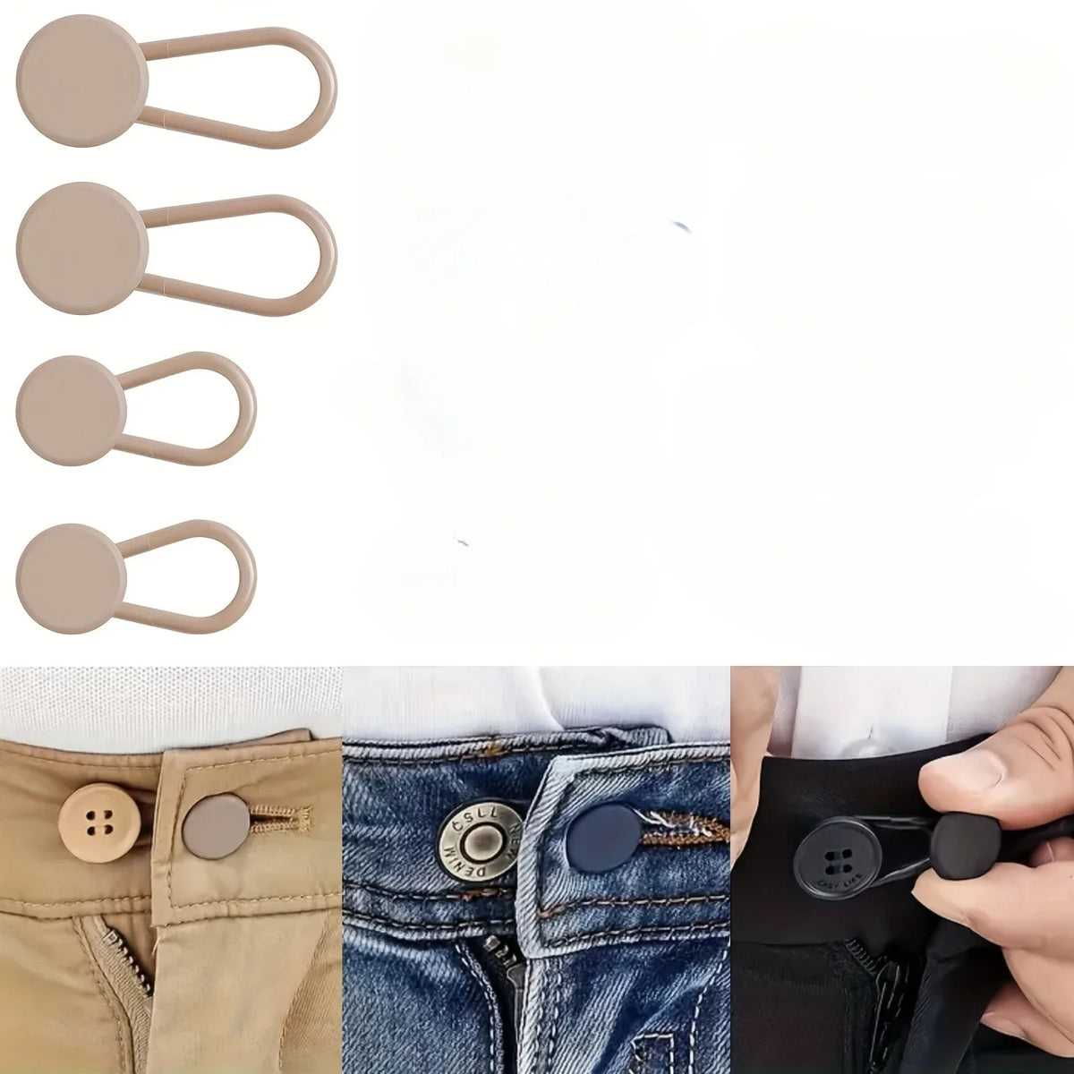 Close-up view of adjustable no-sew jeans waist extenders in beige and black colors.