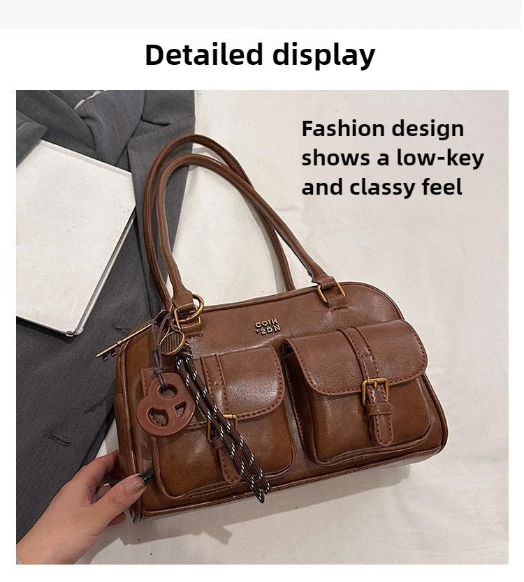Women's Retro PU Leather Shoulder Bag with Multiple Pockets & Detachable Charm