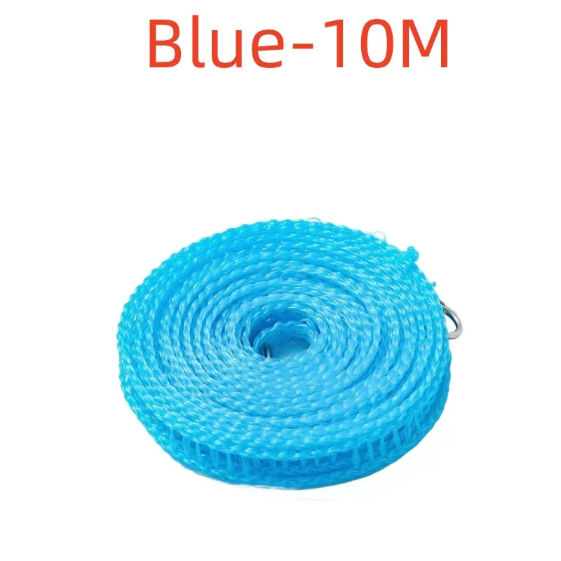 Blue 10 meter heavy-duty nylon outdoor clothesline coiled on a white background.