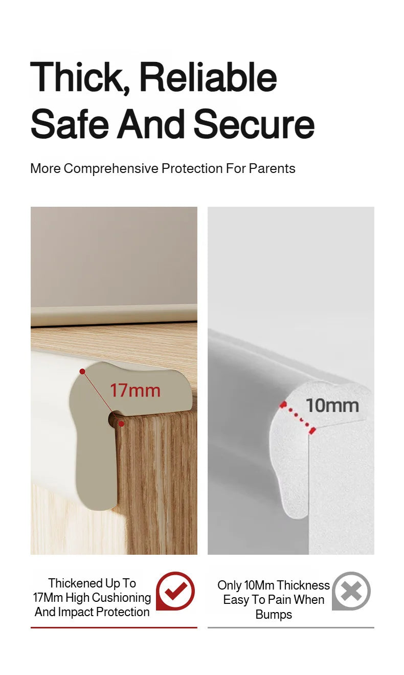 Nahaufnahme eines dicken weißen Eckschützers für Babysicherheit, der seine 17 mm Dicke und Stoßschutzfunktionen zeigt.