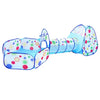 A colorful 3-in-1 kids ball pit play tent with a crawl tunnel featuring various shapes and patterns.