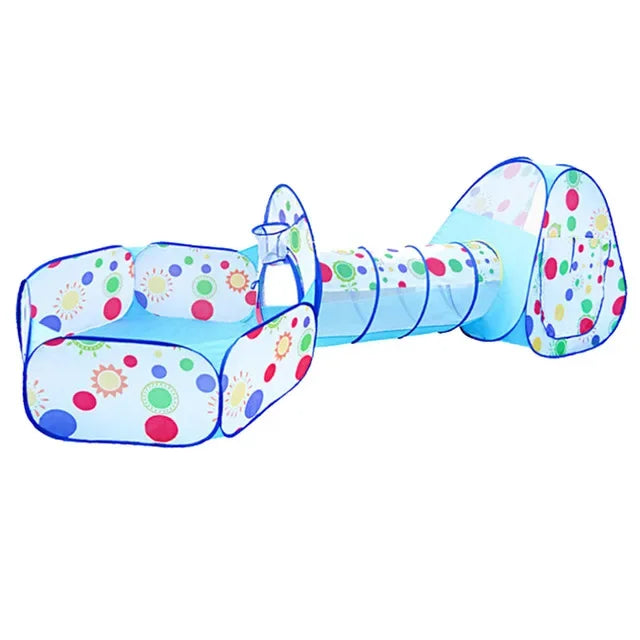 A colorful 3-in-1 kids ball pit play tent with a crawl tunnel featuring various shapes and patterns.