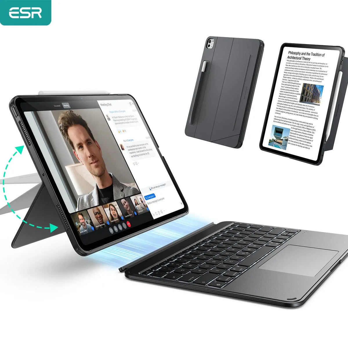 Estuche de teclado desmontable magnético para iPad Pro o Air, junto a una tableta independiente y un teclado completo