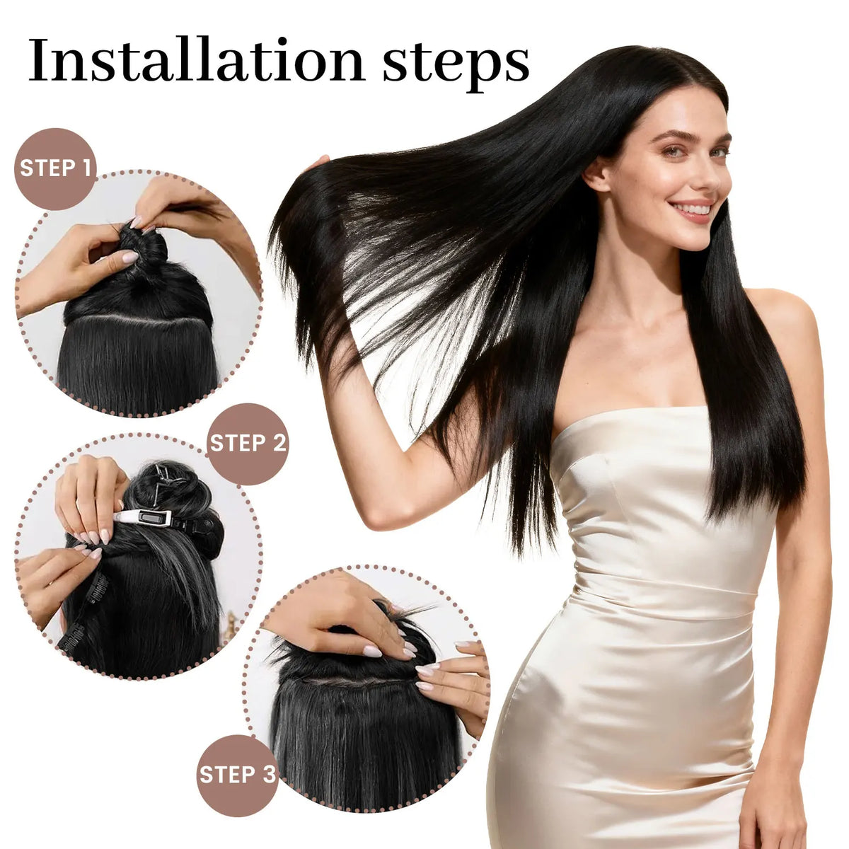 Étapes d'installation montrant comment fixer un ensemble de 6 extensions de cheveux à clips de 22 pouces sur les cheveux d'un