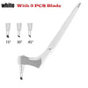 White precision craft knife with a handle and three replacement blades at 15, 30, and 45 degrees.