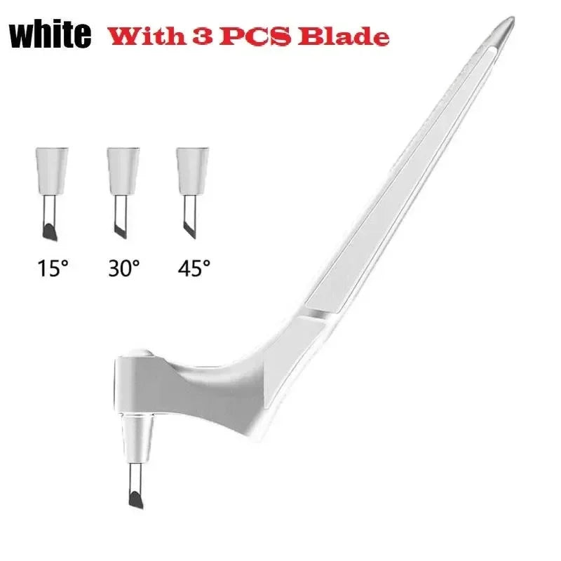 White precision craft knife with a handle and three replacement blades at 15, 30, and 45 degrees.