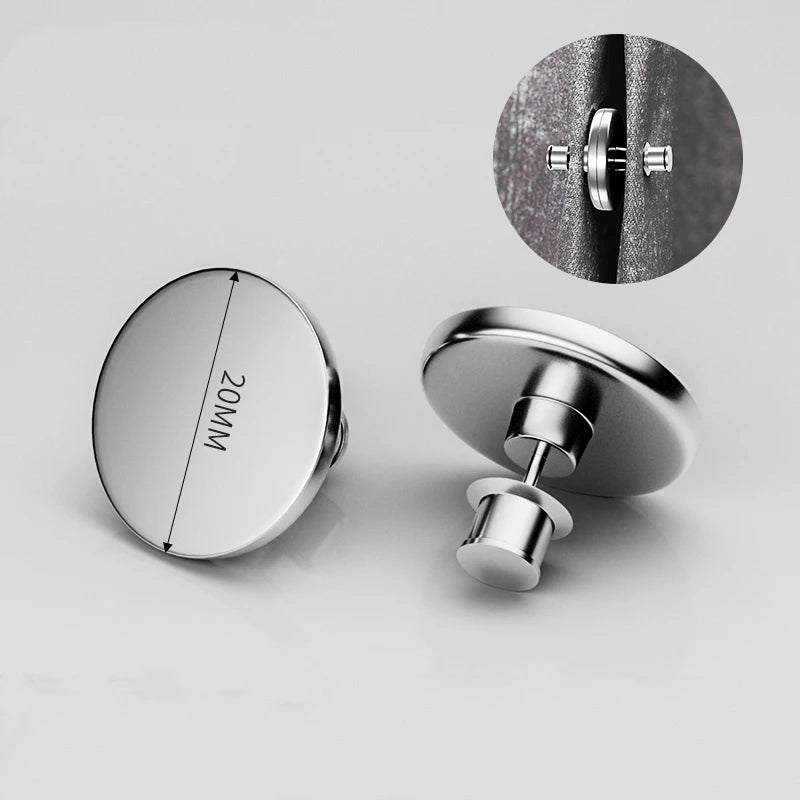 A silver magnetic curtain clip is shown with a magnified view of its mechanism.