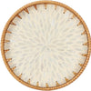 Handcrafted rattan serving tray with mother of pearl inlay featuring a light background and radiating leaf pattern