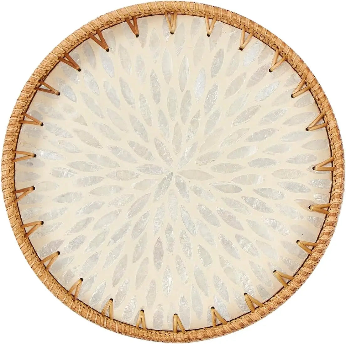 Handcrafted rattan serving tray with mother of pearl inlay featuring a light background and radiating leaf pattern