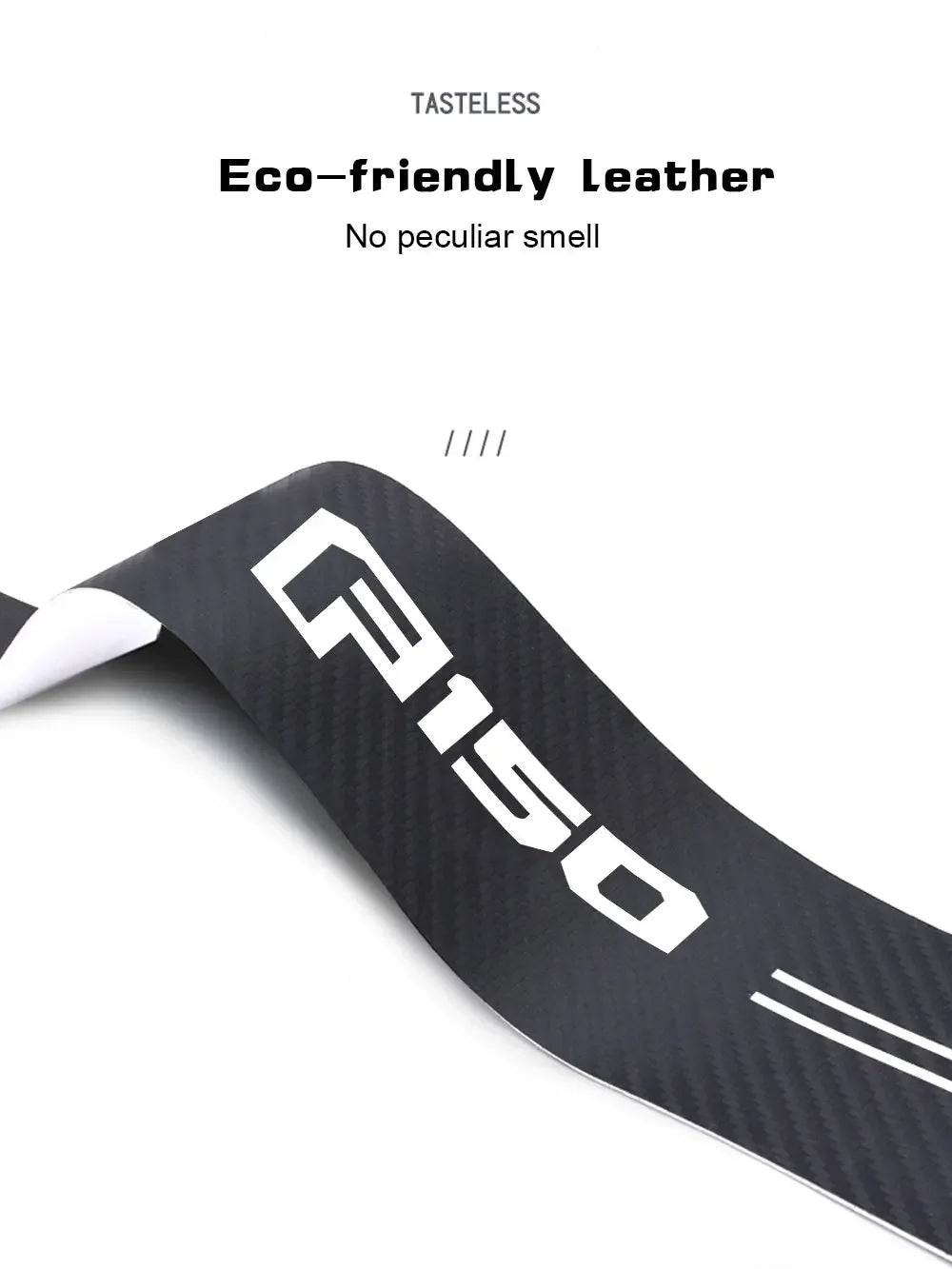 Black leather door sill protector sticker with the brand name C150 visible.