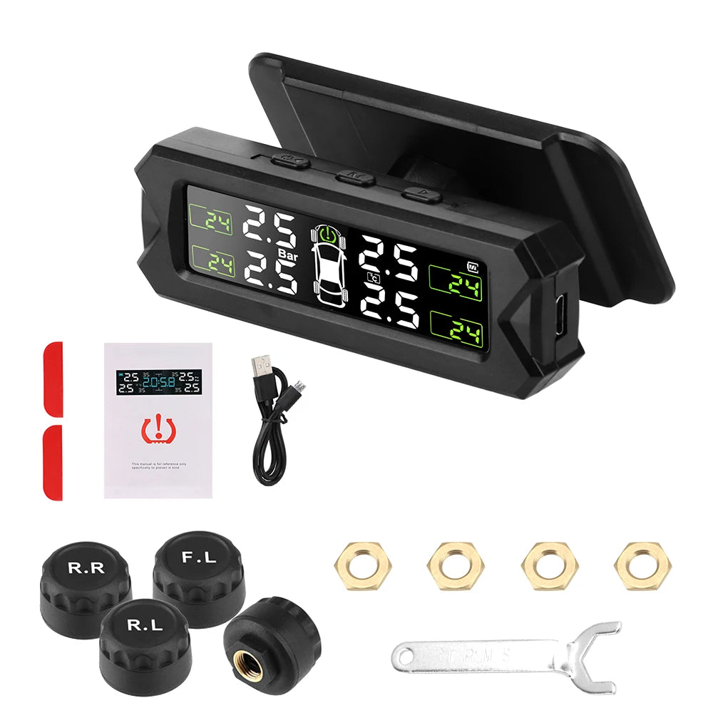 Black solar-powered tire pressure monitoring system with display and tools