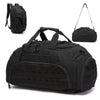 Black 3-in-1 convertible tactical gym backpack with a shoe compartment shown in multiple views.