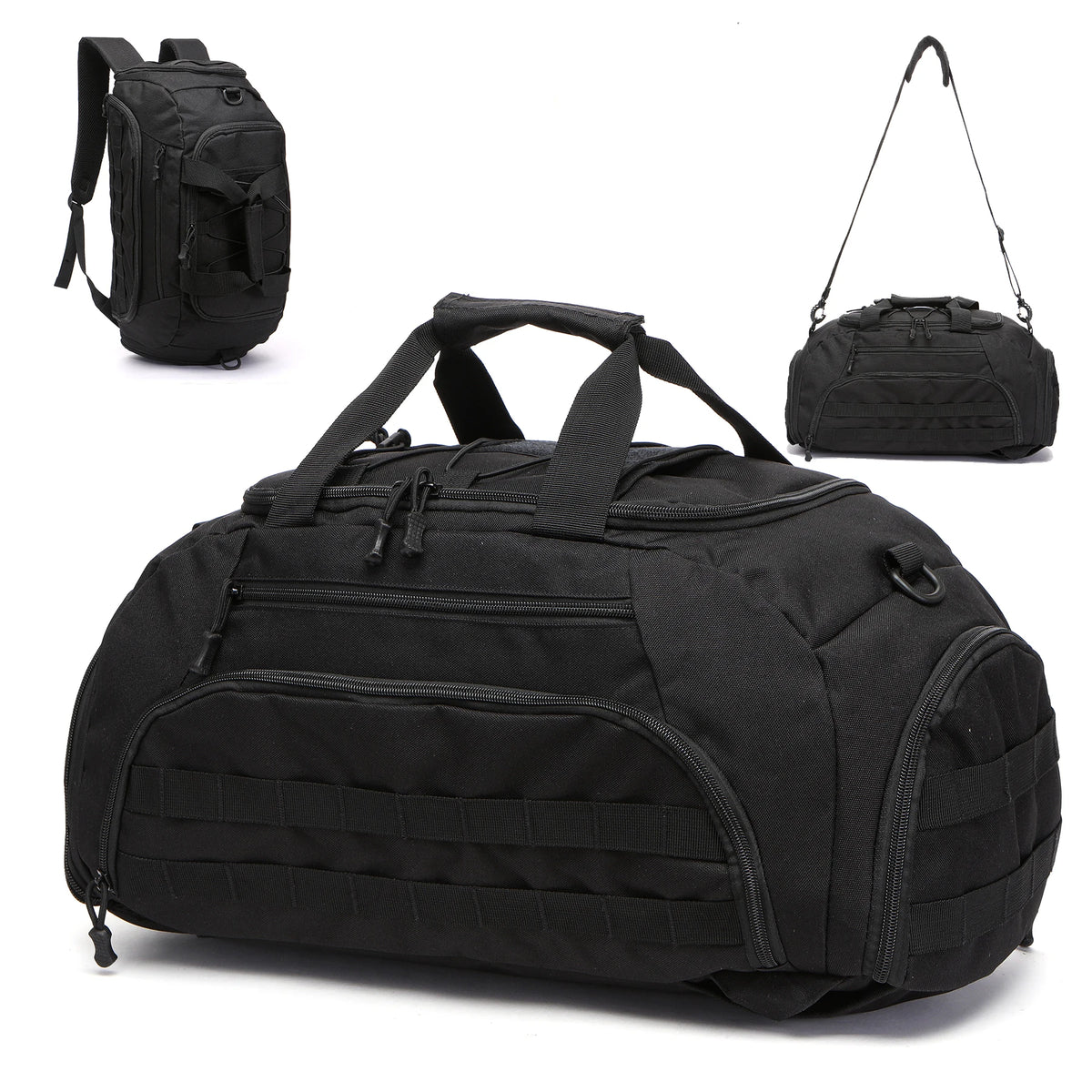 Black 3-in-1 convertible tactical gym backpack with a shoe compartment shown in multiple views.