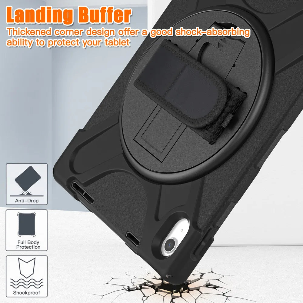 A black shockproof case with a corner design protecting a tablet, demonstrating its anti-drop and shock-absorbing features.