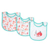 A set of three soft cotton baby bibs featuring various cartoon animal prints on white and pink backgrounds.