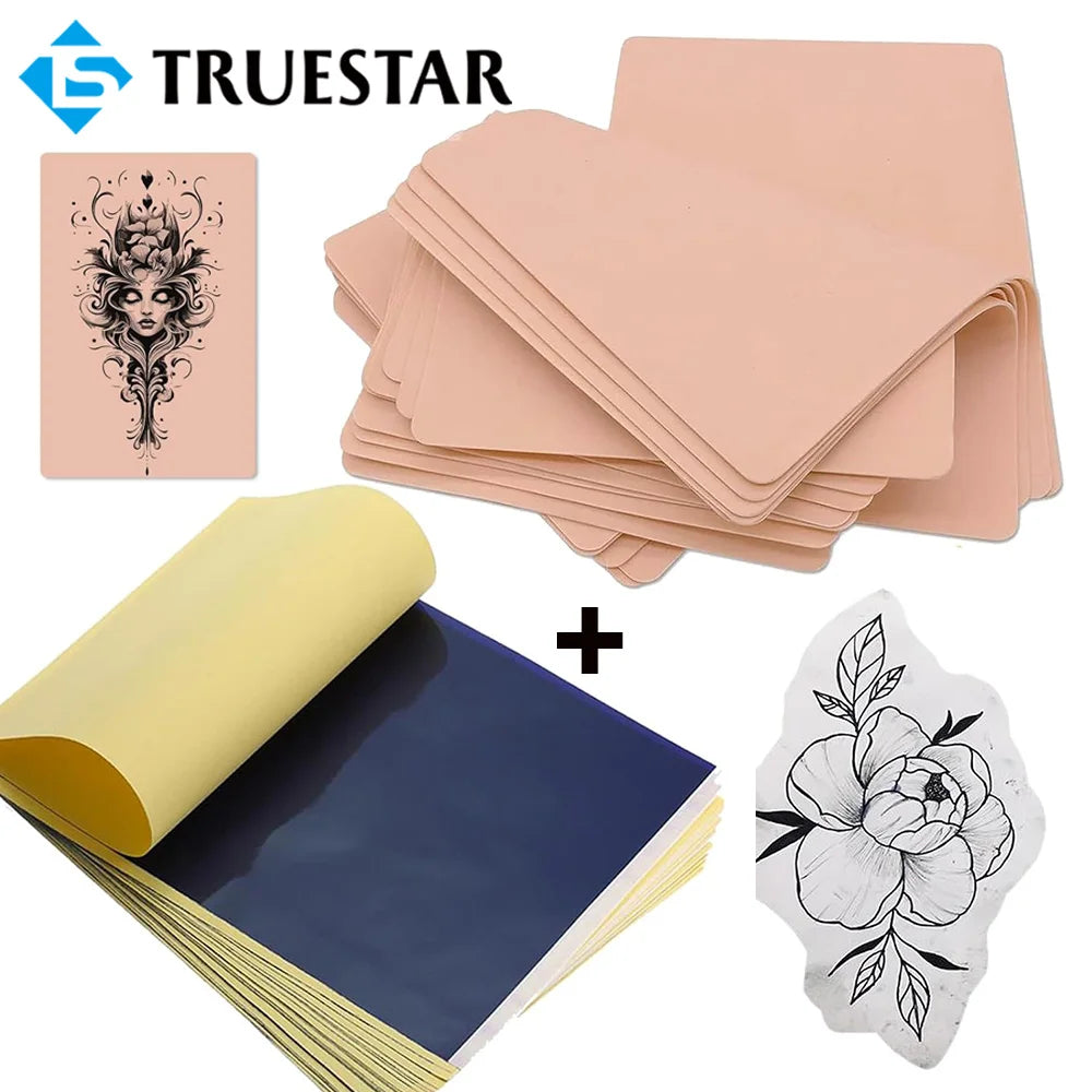A kit containing skin and thermal transfer paper, including a decorative tattoo design and various sheets of paper.