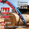 A close-up of a curved edge reciprocating saw blade with aggressive teeth is shown next to a log for wood cutting.