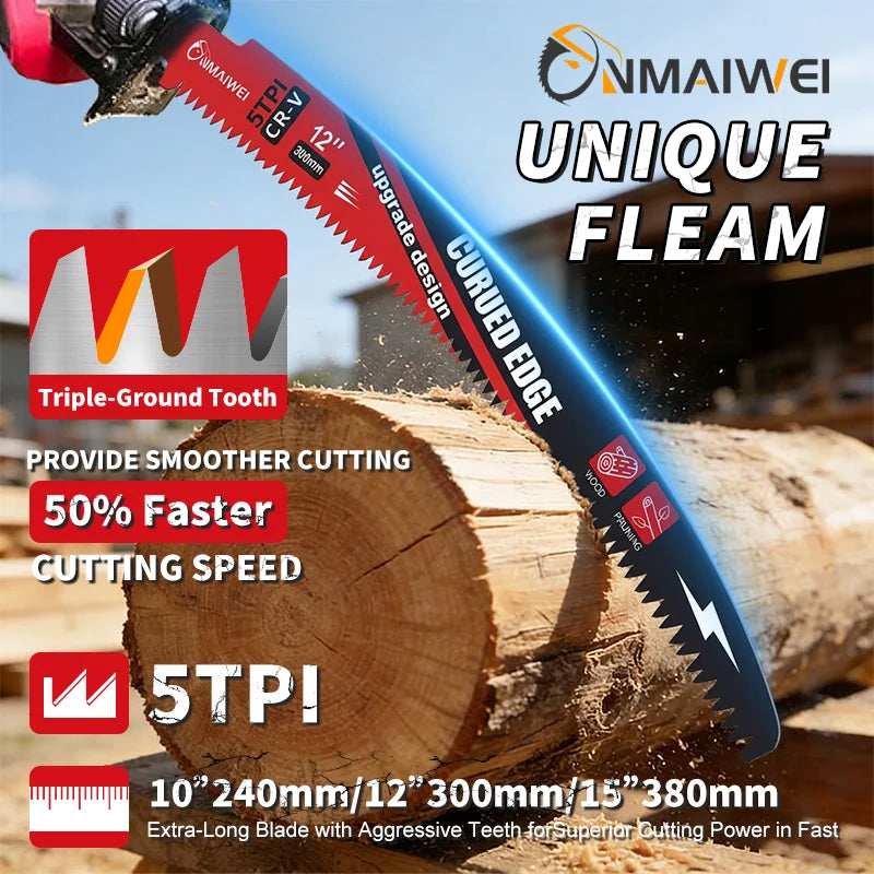 A close-up of a curved edge reciprocating saw blade with aggressive teeth is shown next to a log for wood cutting.