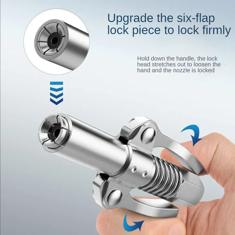 A close-up of a silver grease gun coupler showing how to upgrade the six-flap lock piece for a firm seal.